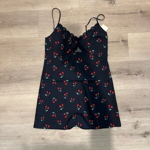 Navy Blue Slip Dress with Cherry Print